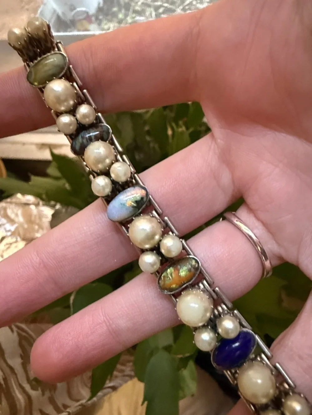 Elegant Antique Rare Multi-Color Faux Pearl and Cabochon Stretch Bracelet